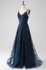 Laden Sie das Bild in den Galerie-Viewer, A-Linie Dunkles Marineblaues Spaghettiträger Langes Ballkleid mit Schlitz