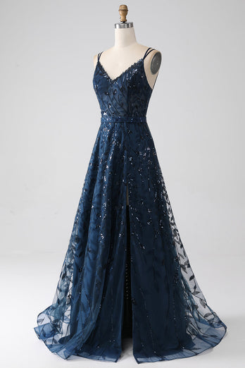 A-Linie Dunkles Marineblaues Spaghettiträger Langes Ballkleid mit Schlitz