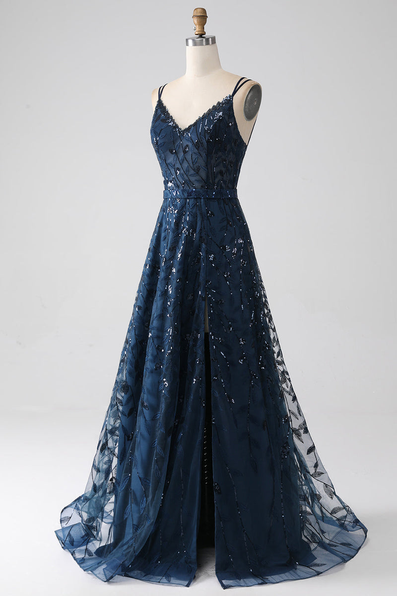 Laden Sie das Bild in den Galerie-Viewer, A-Linie Dunkles Marineblaues Spaghettiträger Langes Ballkleid mit Schlitz