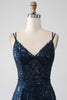 Laden Sie das Bild in den Galerie-Viewer, A-Linie Dunkles Marineblaues Spaghettiträger Langes Ballkleid mit Schlitz