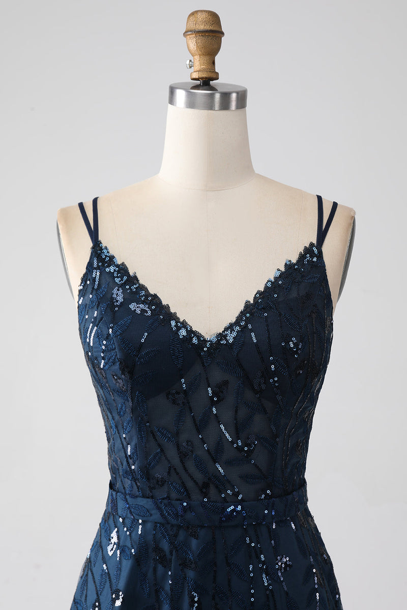 Laden Sie das Bild in den Galerie-Viewer, A-Linie Dunkles Marineblaues Spaghettiträger Langes Ballkleid mit Schlitz