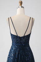 Laden Sie das Bild in den Galerie-Viewer, A-Linie Dunkles Marineblaues Spaghettiträger Langes Ballkleid mit Schlitz