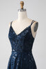 Laden Sie das Bild in den Galerie-Viewer, A-Linie Dunkles Marineblaues Spaghettiträger Langes Ballkleid mit Schlitz