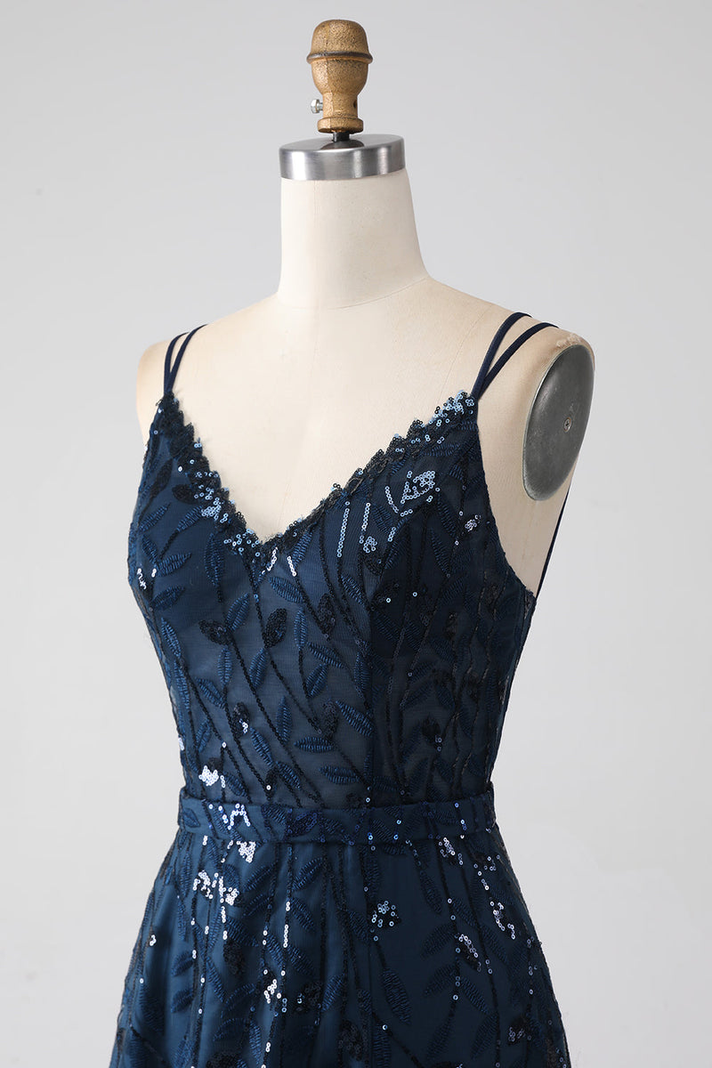 Laden Sie das Bild in den Galerie-Viewer, A-Linie Dunkles Marineblaues Spaghettiträger Langes Ballkleid mit Schlitz