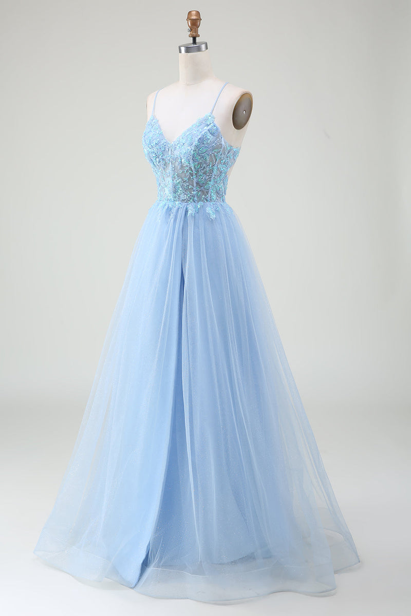 Laden Sie das Bild in den Galerie-Viewer, Hellblaues Korsett-Ballkleid mit Perlen