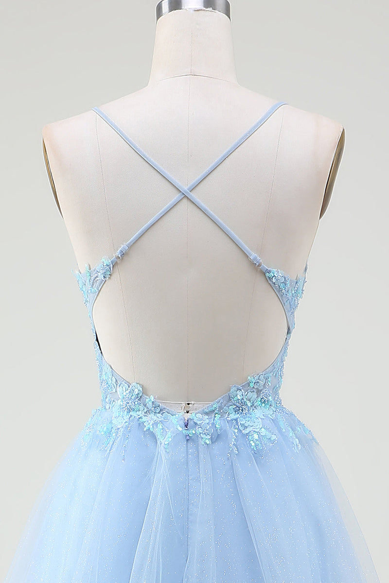 Laden Sie das Bild in den Galerie-Viewer, Hellblaues Korsett-Ballkleid mit Perlen