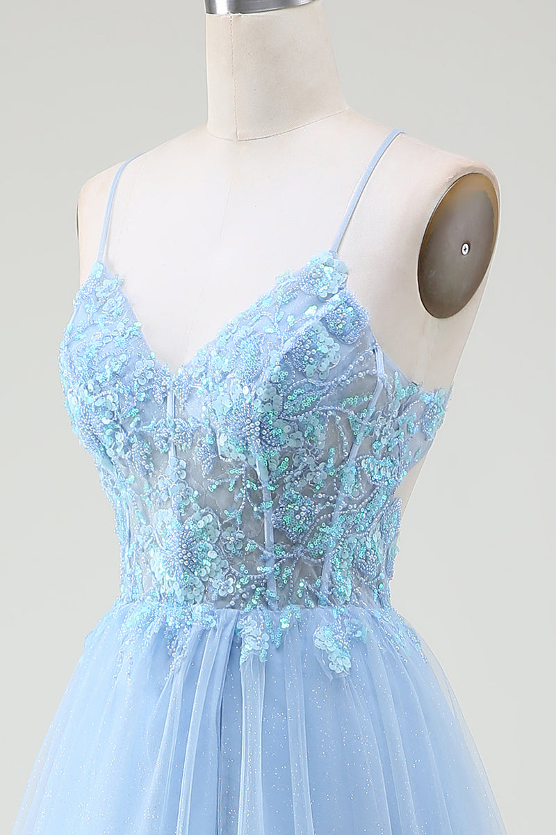 Laden Sie das Bild in den Galerie-Viewer, Hellblaues Korsett-Ballkleid mit Perlen