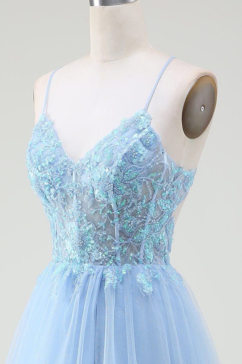 Laden Sie das Bild in den Galerie-Viewer, Hellblaues Korsett-Ballkleid mit Perlen