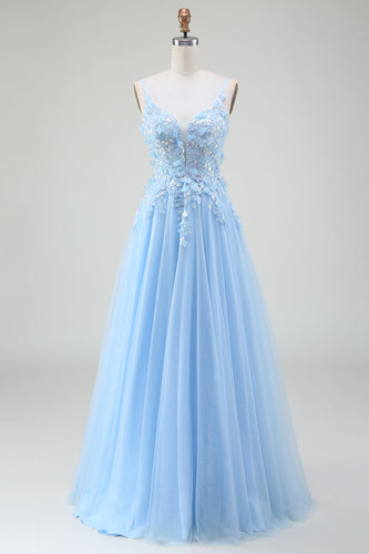 Hellblaues A-Linie Ballkleid mit Applikationen