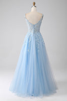 Laden Sie das Bild in den Galerie-Viewer, A-Linie Hellblaues Korsett-Ballkleid mit Applikationen