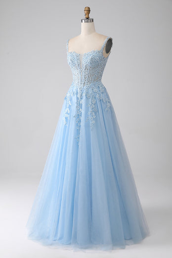 A-Linie Hellblaues Korsett-Ballkleid mit Applikationen
