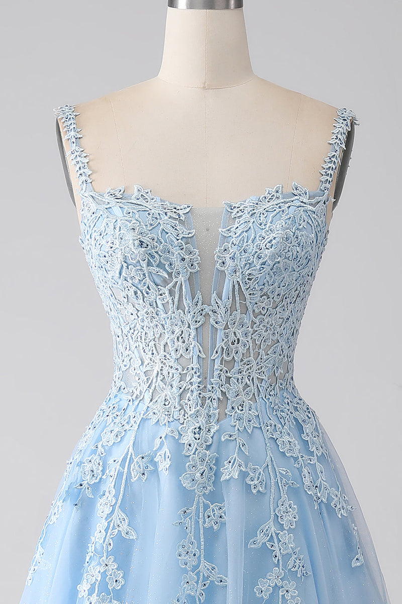 Laden Sie das Bild in den Galerie-Viewer, A-Linie Hellblaues Korsett-Ballkleid mit Applikationen
