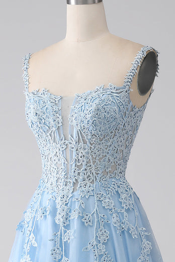 A-Linie Hellblaues Korsett-Ballkleid mit Applikationen