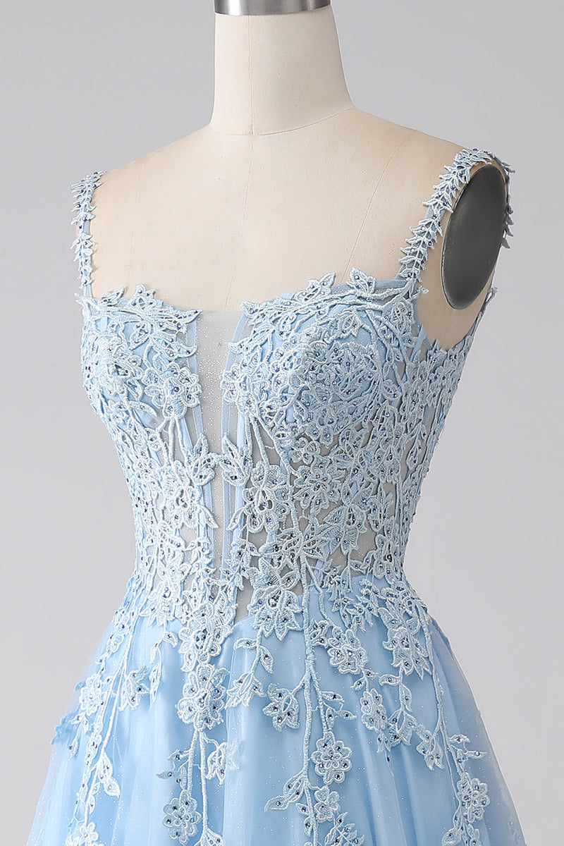 Laden Sie das Bild in den Galerie-Viewer, A-Linie Hellblaues Korsett-Ballkleid mit Applikationen