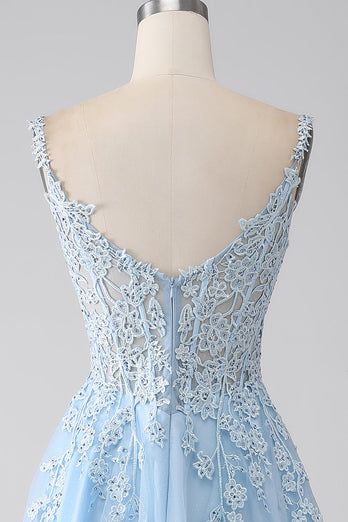 A-Linie Hellblaues Korsett-Ballkleid mit Applikationen
