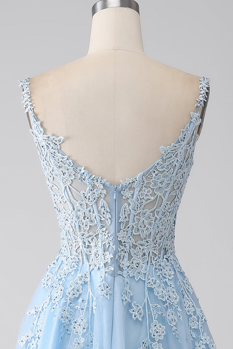 Laden Sie das Bild in den Galerie-Viewer, A-Linie Hellblaues Korsett-Ballkleid mit Applikationen