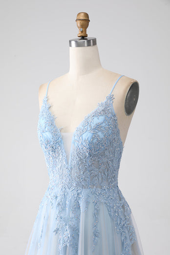 A-Linien Spaghettiträger Graublaues Ballkleid mit Perlen