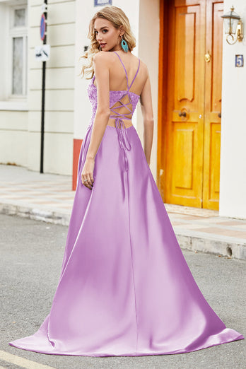 Königsblaues Spaghettiträger-Kleid in A-Linie mit langem Rücken und Applikationen
