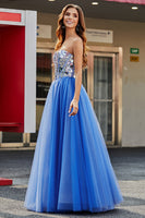 Laden Sie das Bild in den Galerie-Viewer, Königsblaues A-Linien Sweetheart Broken Mirrors Trägerloses Korsett Langes Ballkleid