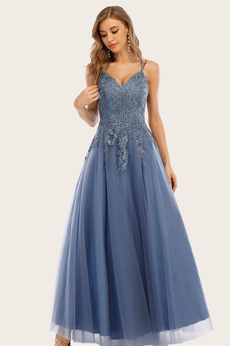 Blaues Langes Ballkleid mit Spitze