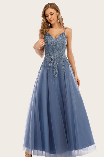 Blaues Langes Ballkleid mit Spitze