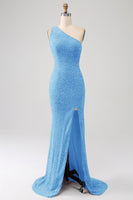 Laden Sie das Bild in den Galerie-Viewer, Glitzerndes orangefarbenes Meerjungfrauen-Pailletten-Pailletten-Ballkleid mit Schlitz