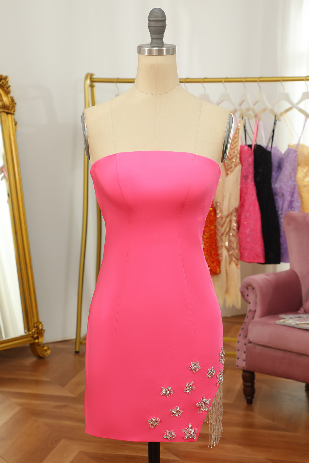 Rosa Schulterfreies Party Kleid mit Stern und Fransen