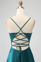 Laden Sie das Bild in den Galerie-Viewer, Pfauengrünes Spaghettiträger Ballkleid mit Schlitz