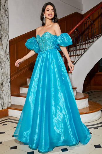Blaues A-Linie Korsett-Ballkleid mit Perlen