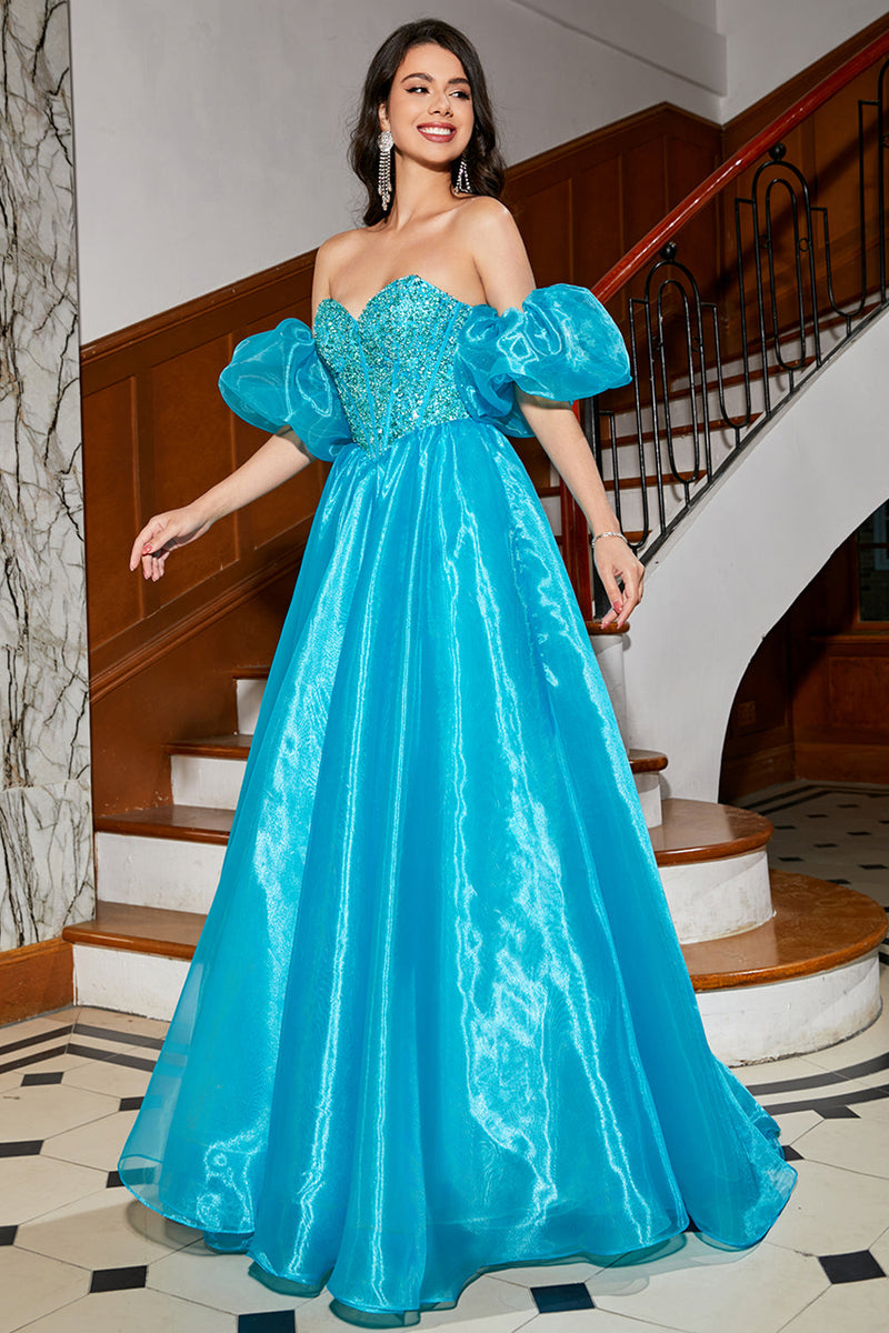 Laden Sie das Bild in den Galerie-Viewer, Blaues A-Linie Korsett-Ballkleid mit Perlen