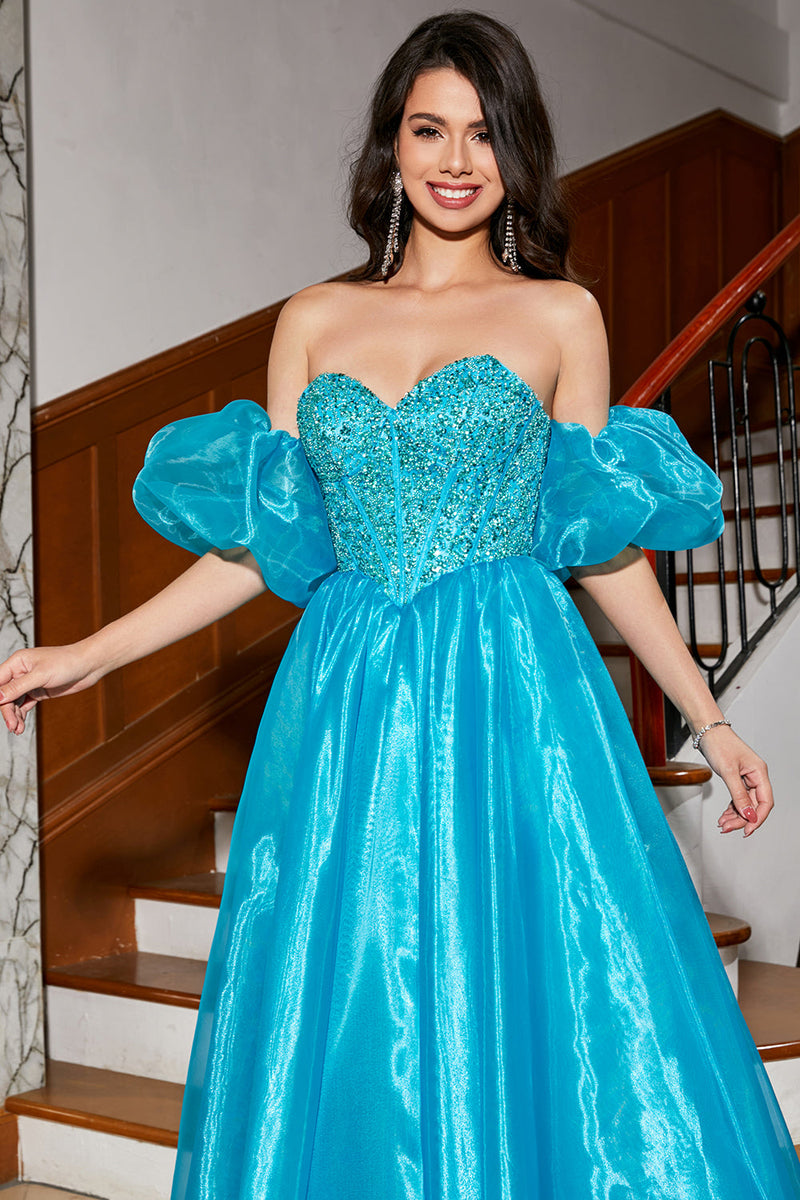Laden Sie das Bild in den Galerie-Viewer, Blaues A-Linie Korsett-Ballkleid mit Perlen