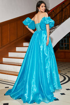 Blaues A-Linie Korsett-Ballkleid mit Perlen