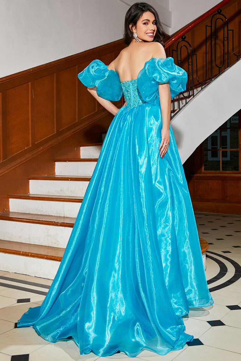 Laden Sie das Bild in den Galerie-Viewer, Blaues A-Linie Korsett-Ballkleid mit Perlen