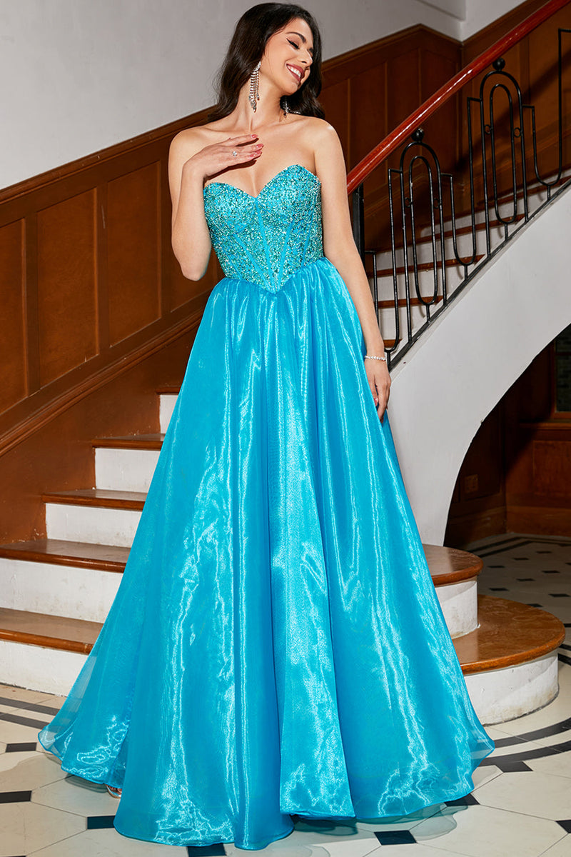 Laden Sie das Bild in den Galerie-Viewer, Blaues A-Linie Korsett-Ballkleid mit Perlen