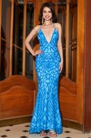 Laden Sie das Bild in den Galerie-Viewer, Meerjungfrau Spaghetti Träger Blaue Pailletten Langes Ballkleid