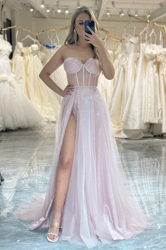 Hellrosa A Linie Tüll Langes Korsett Ballkleid mit Schlitz