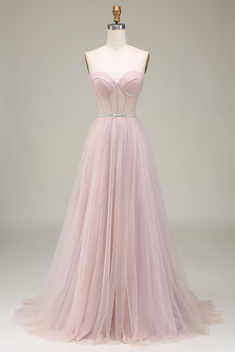 Laden Sie das Bild in den Galerie-Viewer, Hellrosa Tulle Herzchen Ballkleid mit Korsett