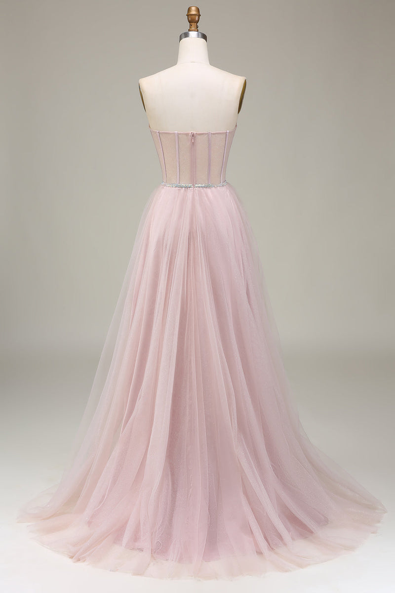Laden Sie das Bild in den Galerie-Viewer, Hellrosa Tulle Herzchen Ballkleid mit Korsett