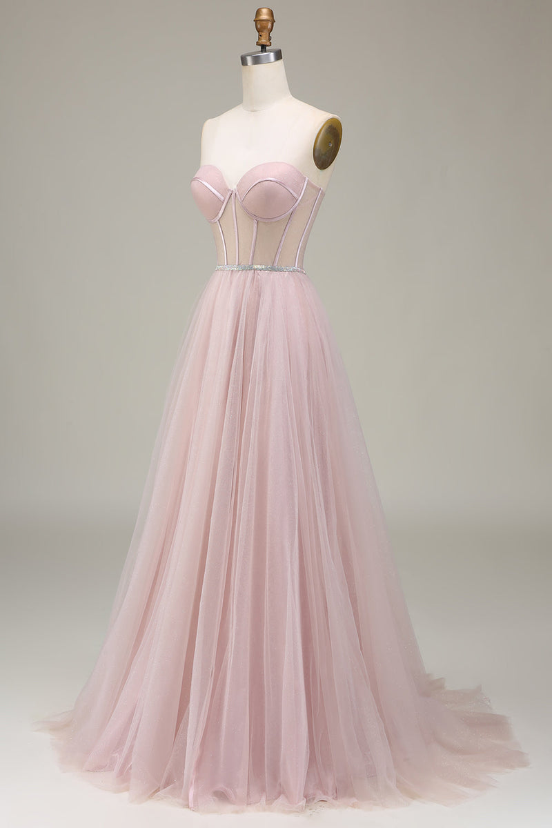 Laden Sie das Bild in den Galerie-Viewer, Hellrosa Tulle Herzchen Ballkleid mit Korsett