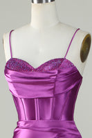 Laden Sie das Bild in den Galerie-Viewer, Dunkellila Spaghettiträger Meerjungfrau Langes Abschlussballkleid mit Schlitz