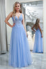 Laden Sie das Bild in den Galerie-Viewer, Hellblaues A-Linien Tüll Ballkleid mit V-Ausschnitt und Applikationen