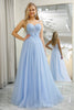Laden Sie das Bild in den Galerie-Viewer, Glitzerndes Hellblaues A-Linie Tüll Ballkleid mit Applikationen