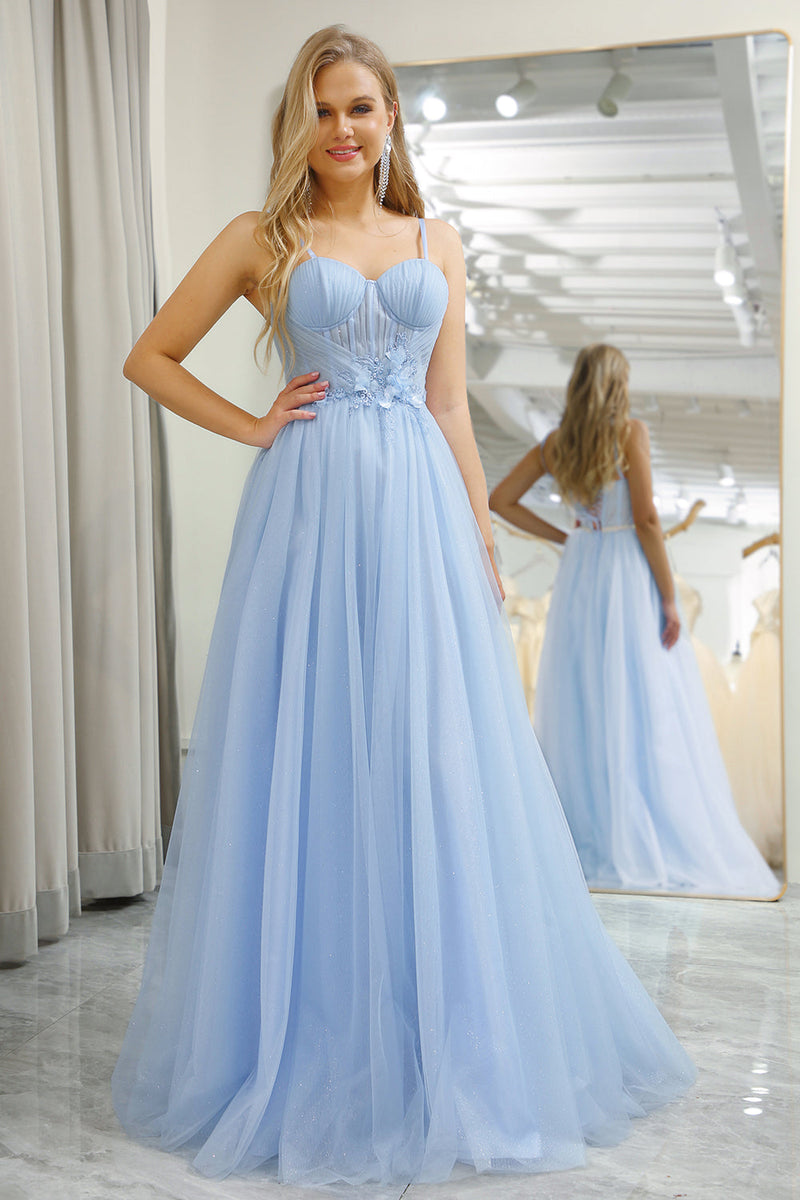 Laden Sie das Bild in den Galerie-Viewer, Glitzerndes Hellblaues A-Linie Tüll Ballkleid mit Applikationen