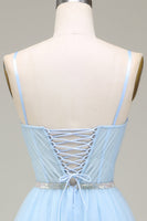 Laden Sie das Bild in den Galerie-Viewer, Glitzerndes Hellblaues A-Linie Tüll Ballkleid mit Applikationen