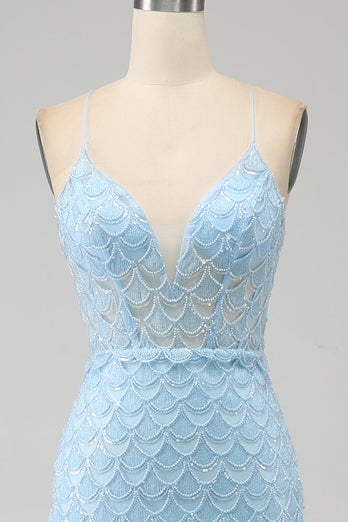 Glitzer Himmelblaue Spaghettiträger Meerjungfrau Abschlussballkleid mit Schlitz