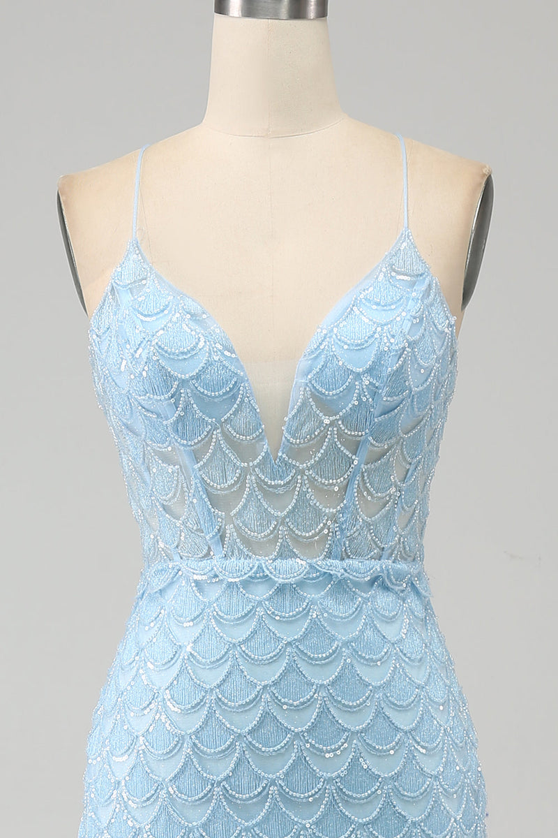 Laden Sie das Bild in den Galerie-Viewer, Glitzer Himmelblaue Spaghettiträger Meerjungfrau Abschlussballkleid mit Schlitz