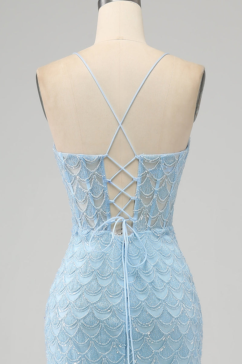 Laden Sie das Bild in den Galerie-Viewer, Glitzer Himmelblaue Spaghettiträger Meerjungfrau Abschlussballkleid mit Schlitz