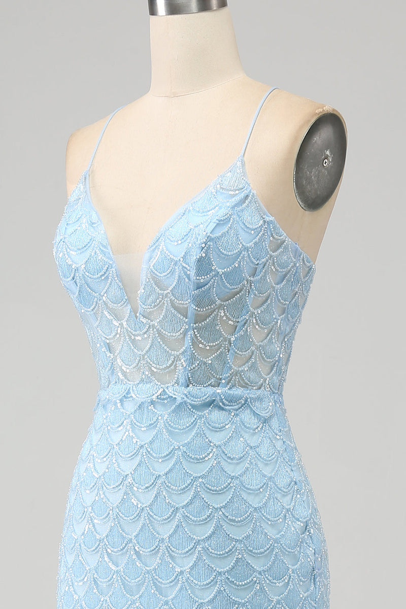 Laden Sie das Bild in den Galerie-Viewer, Glitzer Himmelblaue Spaghettiträger Meerjungfrau Abschlussballkleid mit Schlitz