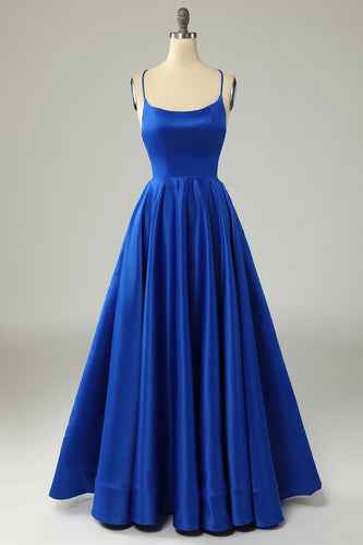 Königsblaues Rückenfreies Satin Ballkleid