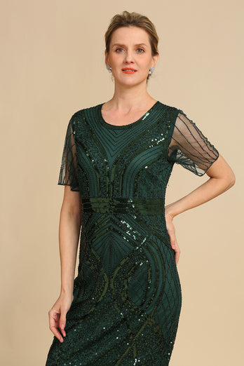 Dunkelgrünes Kurzärmel Mutter Kleid mit Fransen